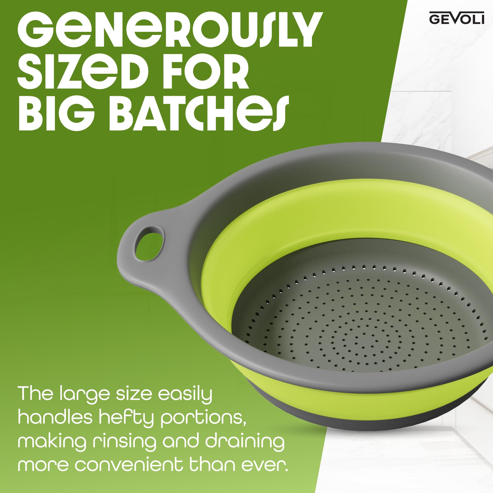 Gevoli collapsible design saves space on countertops and in cabinets.