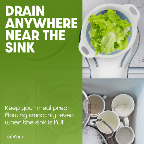Gevoli colanders fit over most sinks for mess-free draining.