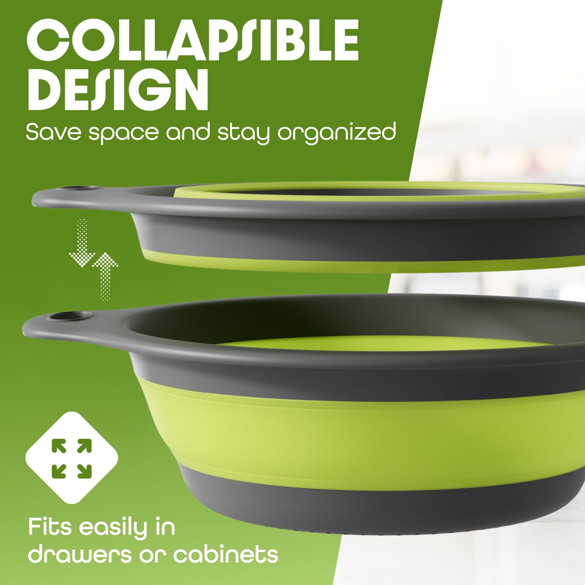 Gevoli side-drain colander demonstrates patent-pending design for easy water release.