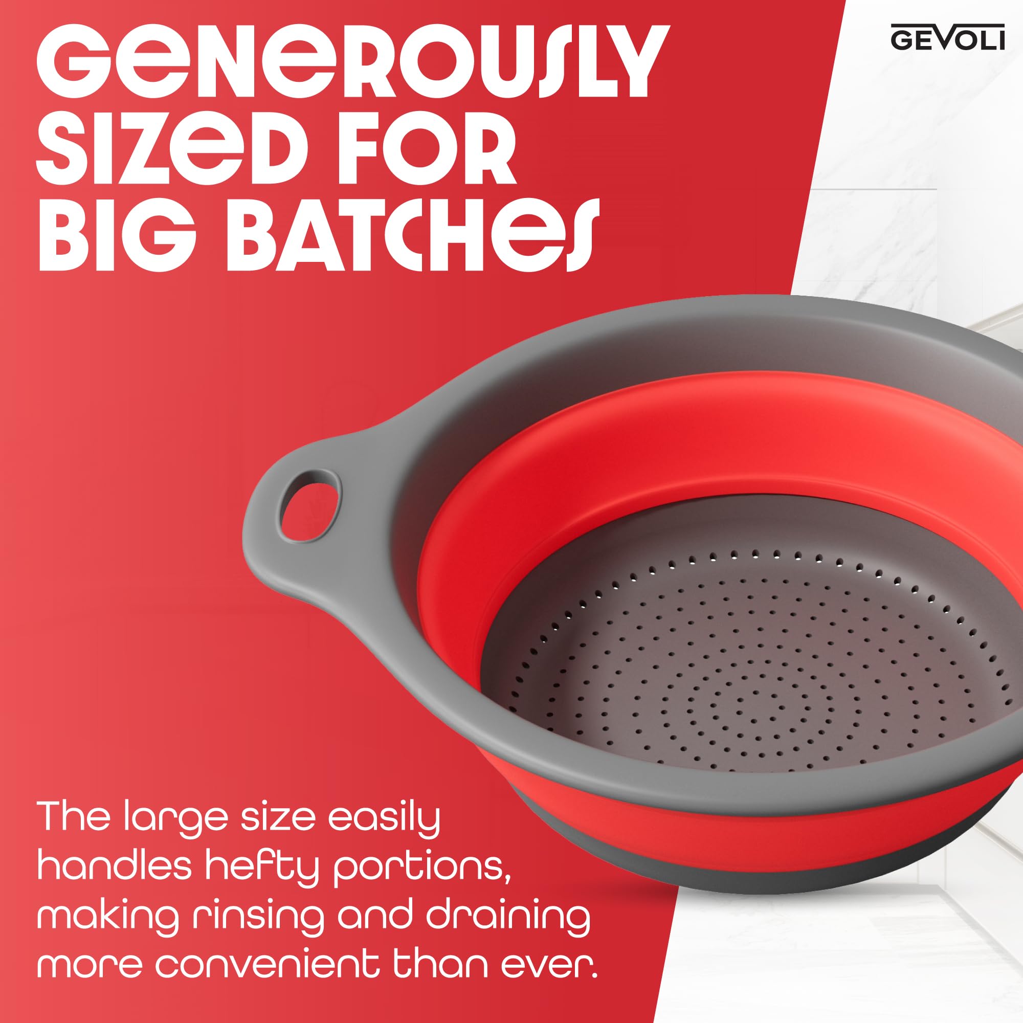 Gevoli 5-quart capacity ideal for pasta, vegetables, and fruit prep.