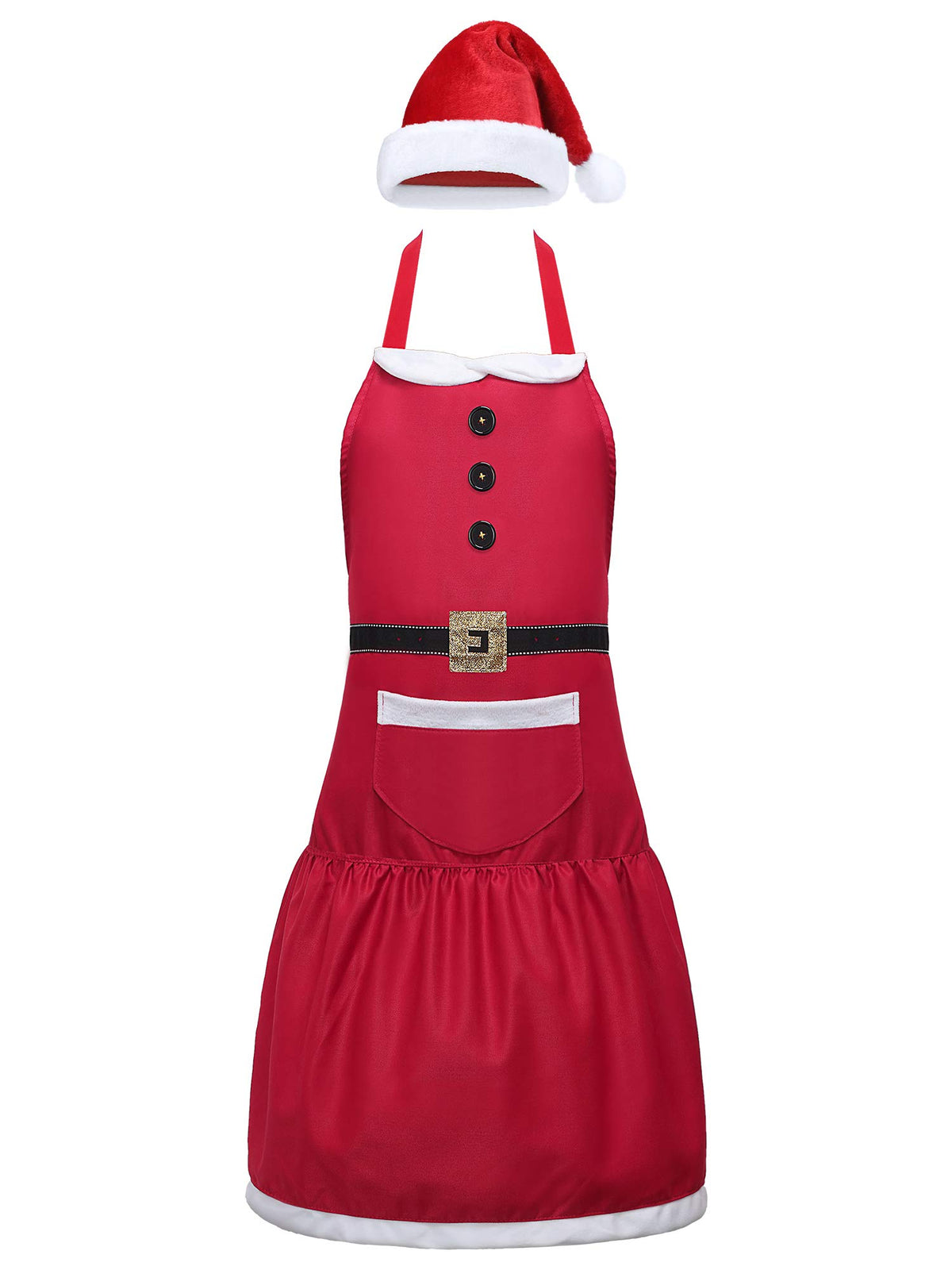 Geyoga Santa apron with pockets in classic design for convenient holiday cooking.