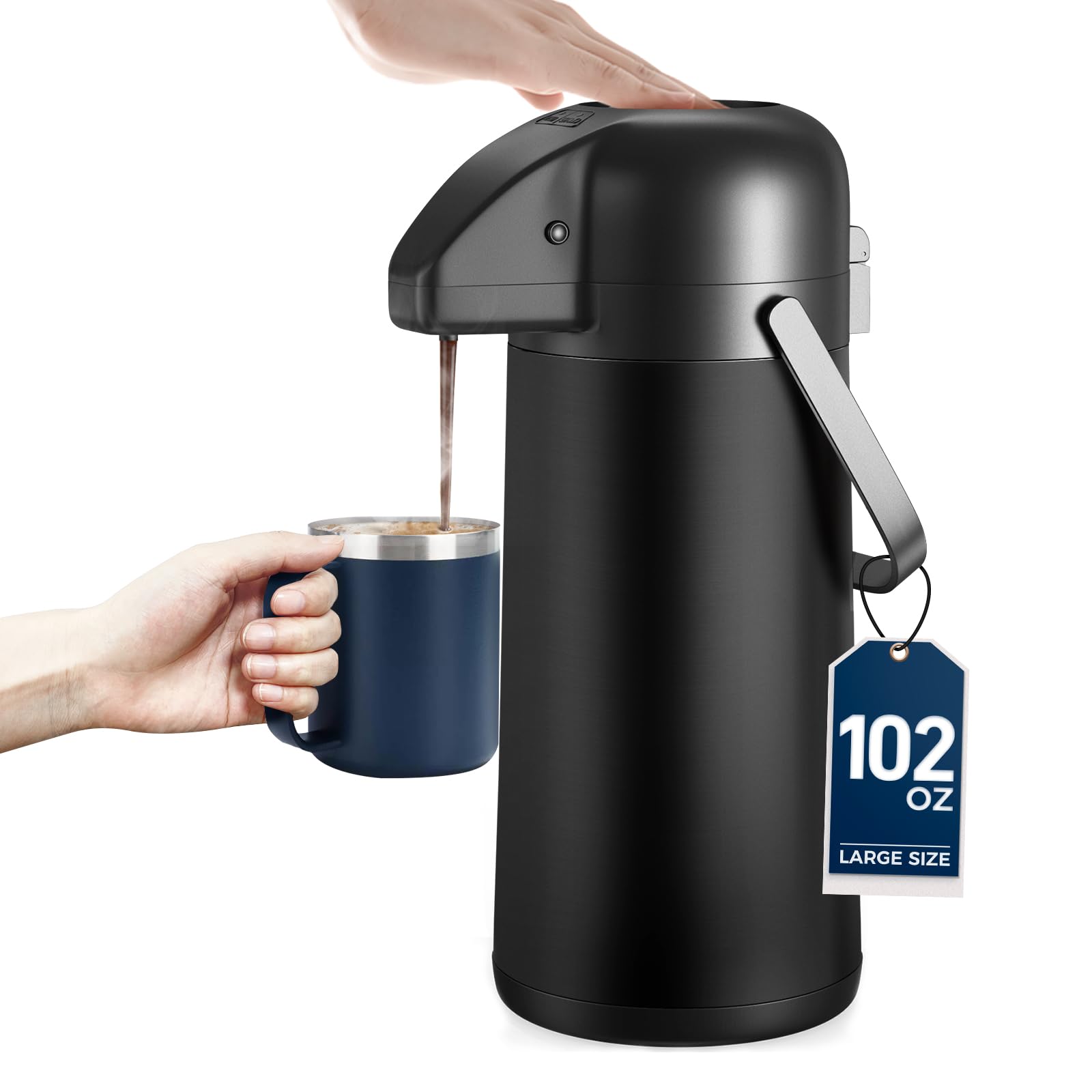 Gezoss coffee carafe pump-top keeps beverages ready for serving during gatherings.
