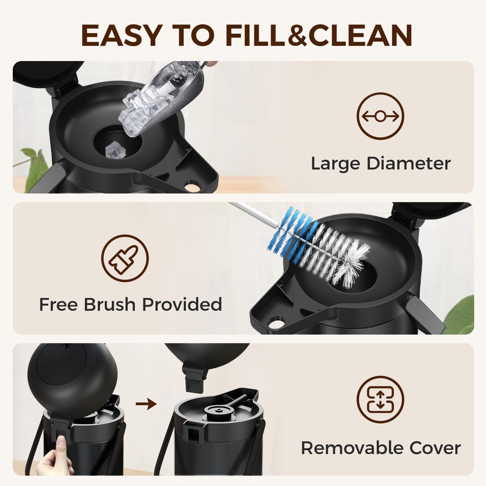 Gezoss wide-mouth opening simplifies filling, ice, and cleaning.