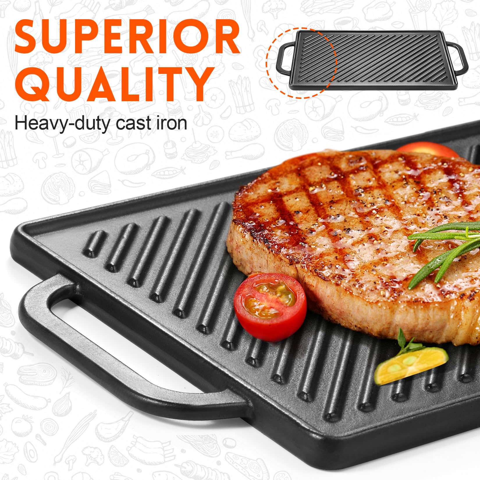 GGC cast iron reversible grill griddle with easy-grip handles for safe lifting.