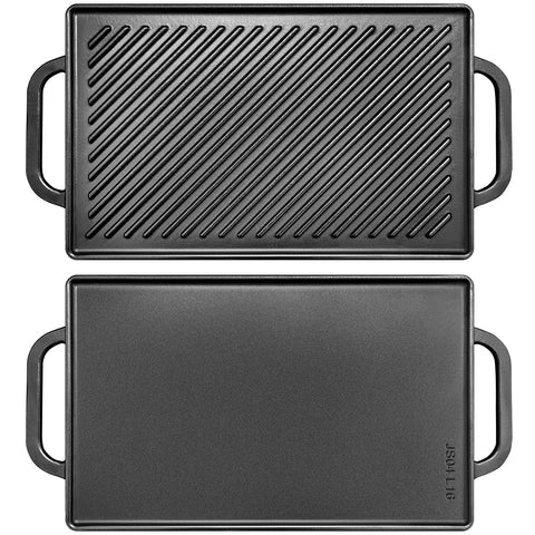 GGC cast iron reversible grill griddle ribbed side ideal for searing steaks with grill marks.