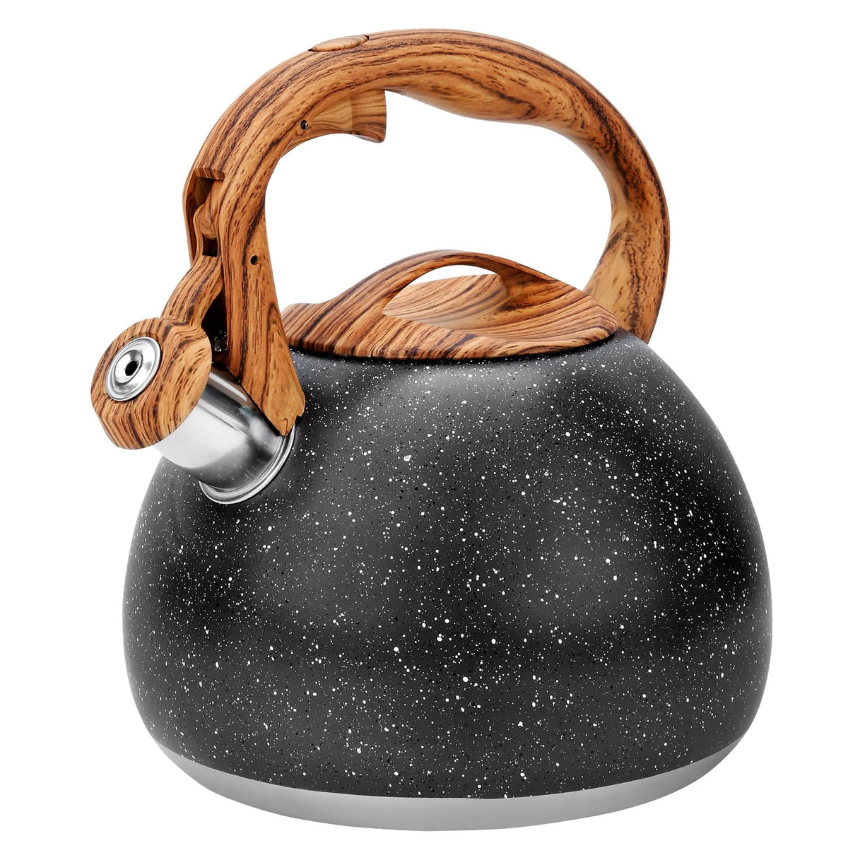 GGC Tea Kettle with starry black body boils water quickly on all stove tops, ideal for busy mornings.