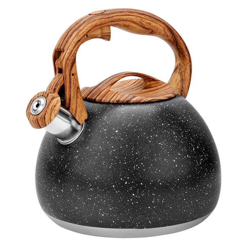 GGC Tea Kettle with starry black body boils water quickly on all stove tops, ideal for busy mornings.