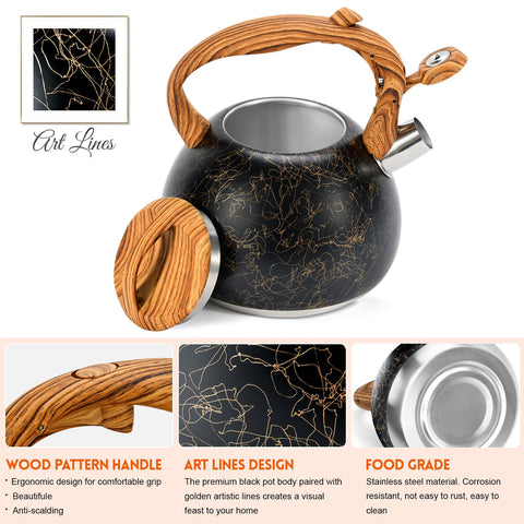 GGC Tea Kettle wooden-pattern handle close-up highlights comfortable grip and heat safety.