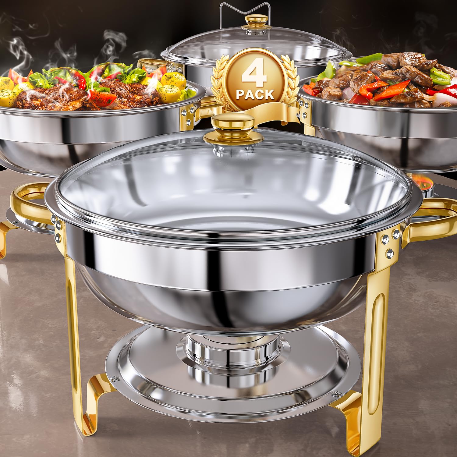 GGIU round buffet chafing dishes with lids for elegant buffet presentation and warm servings.