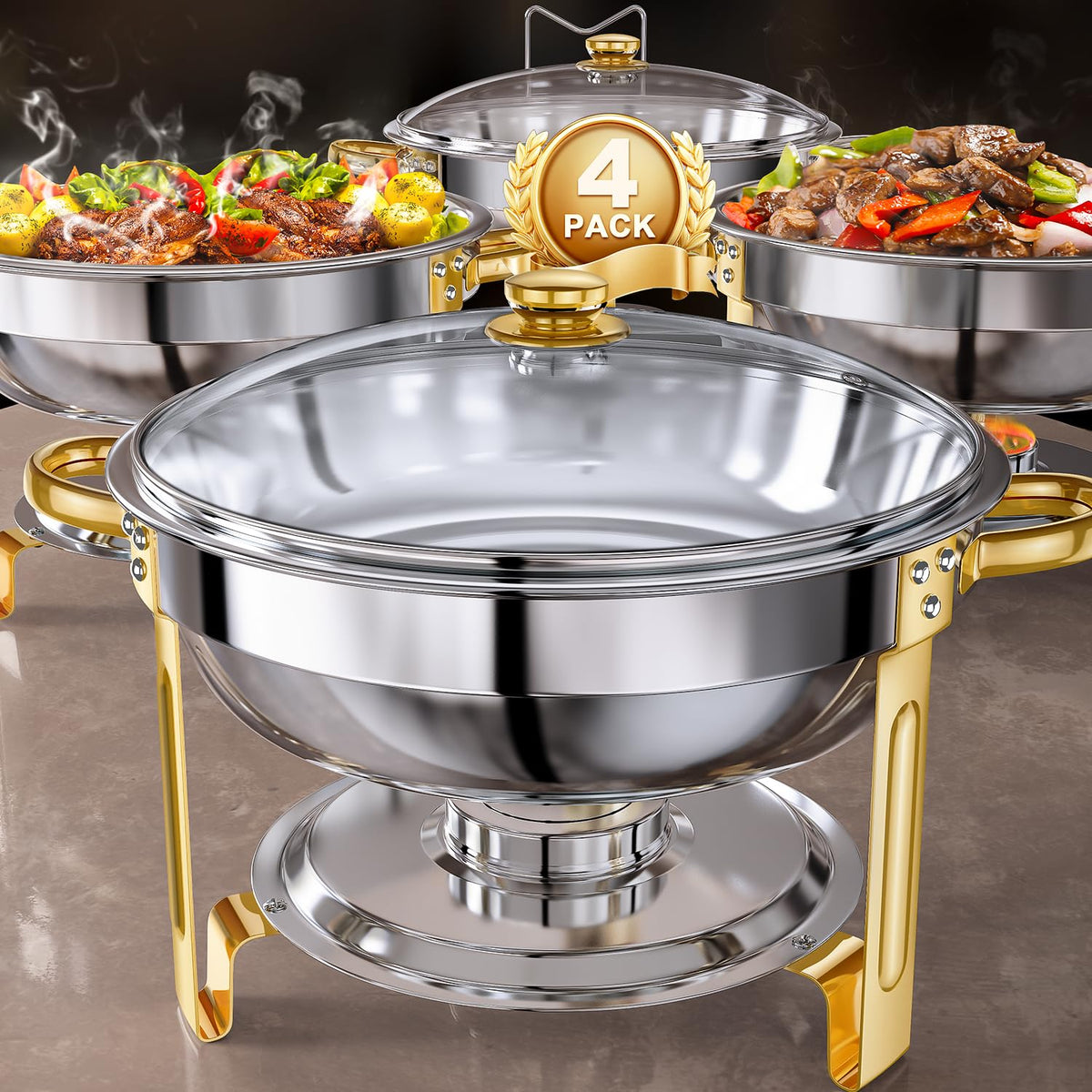 GGIU round buffet chafing dishes with lids for elegant buffet presentation and warm servings.