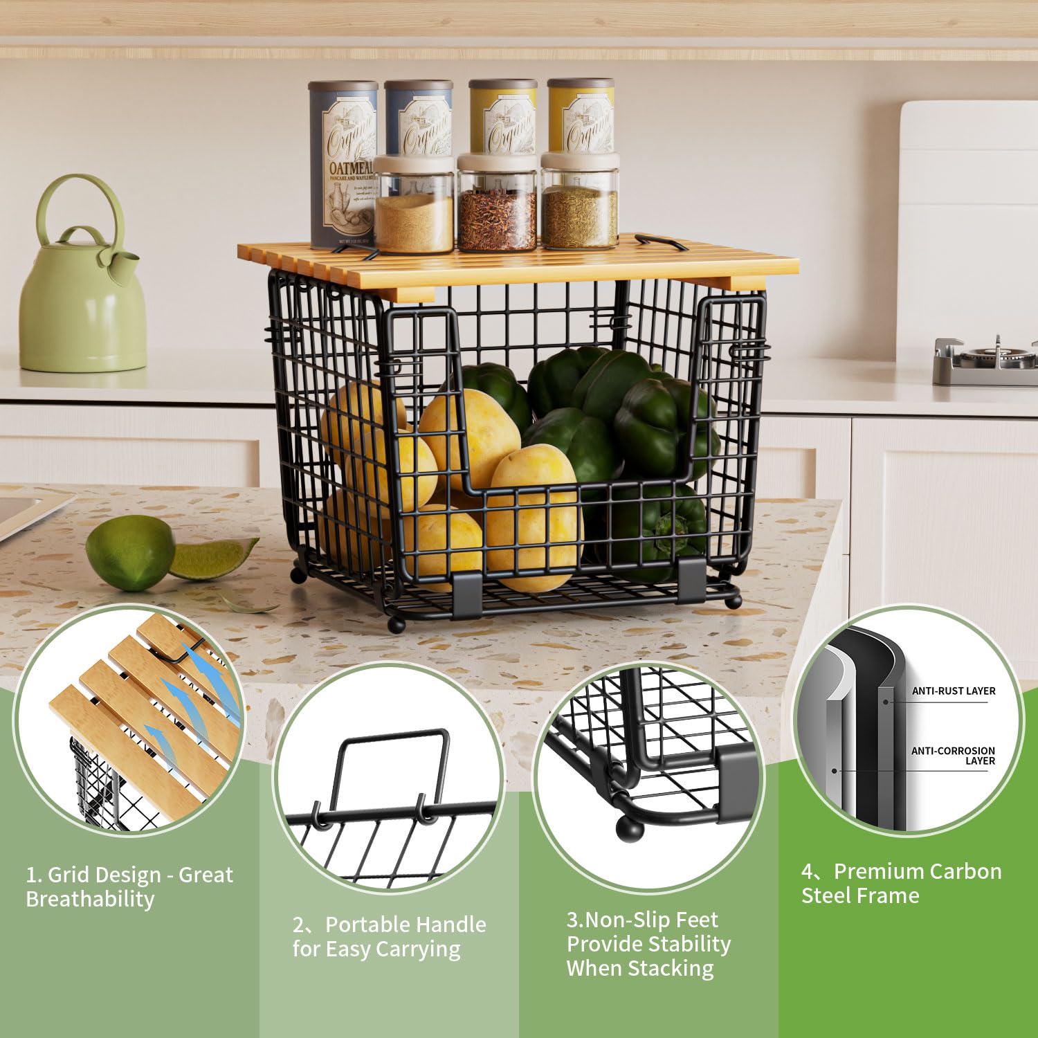 GGIU large-capacity countertop basket fits fruits, vegetables, and snacks.