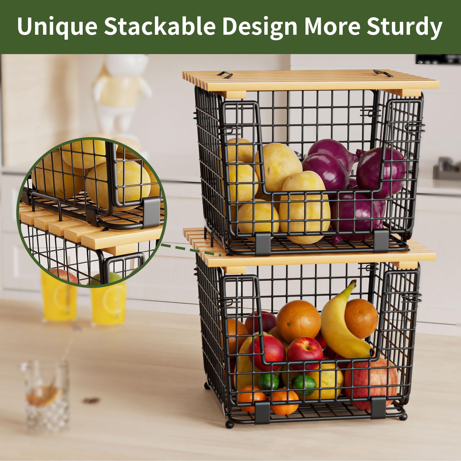 GGIU wire basket with wood lid top for secure storage and stackability.