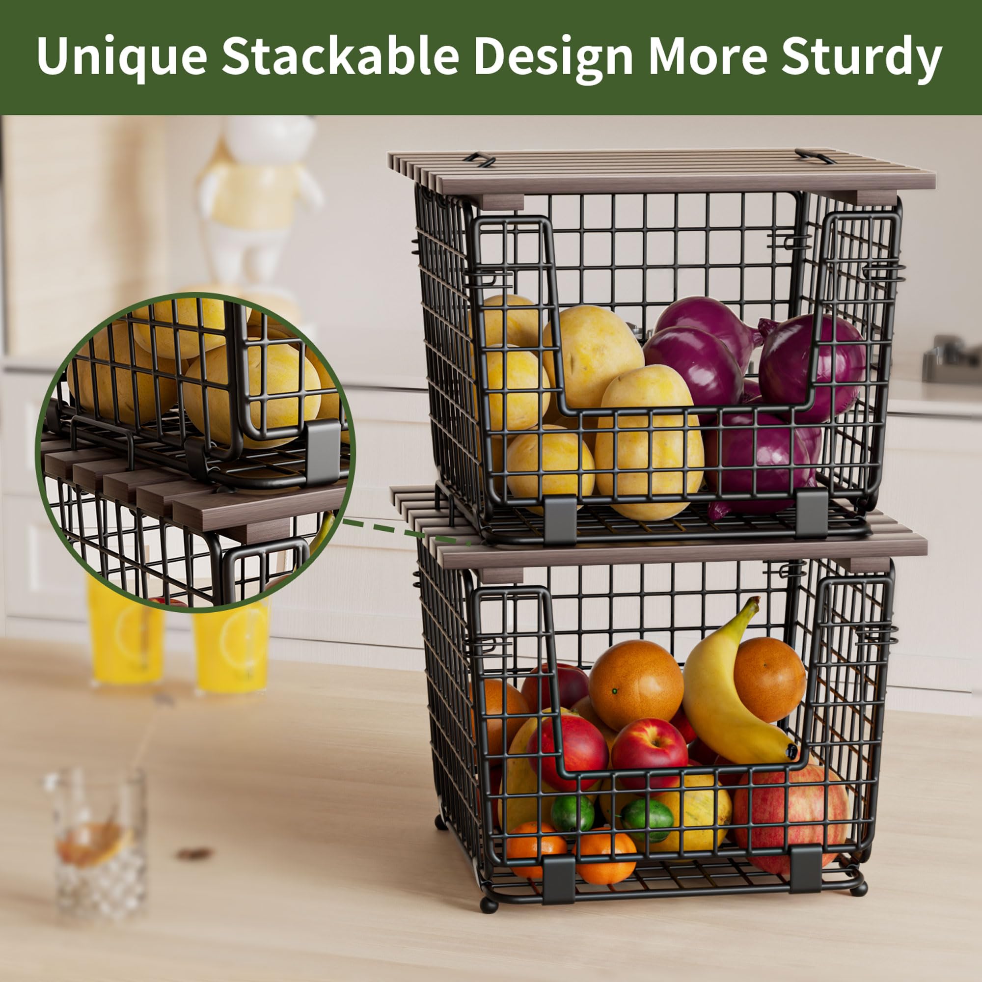 GGIU wire storage basket demonstrating stackable design saving counter space.