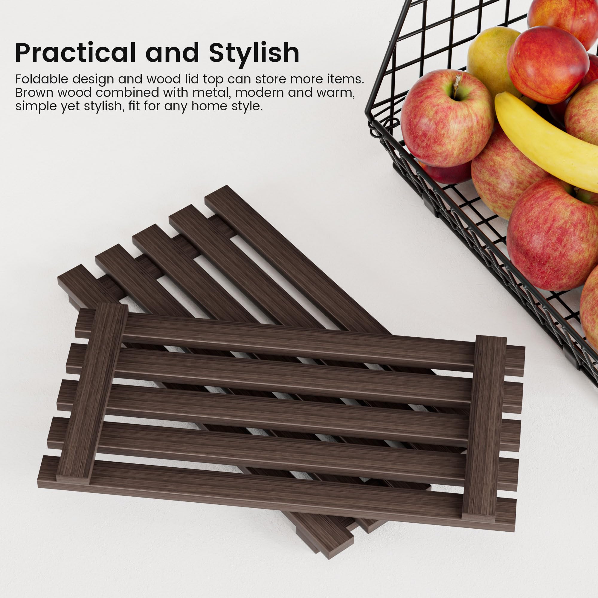 GGIU wood-lid fruit basket with sturdy construction keeps produce organized and secure