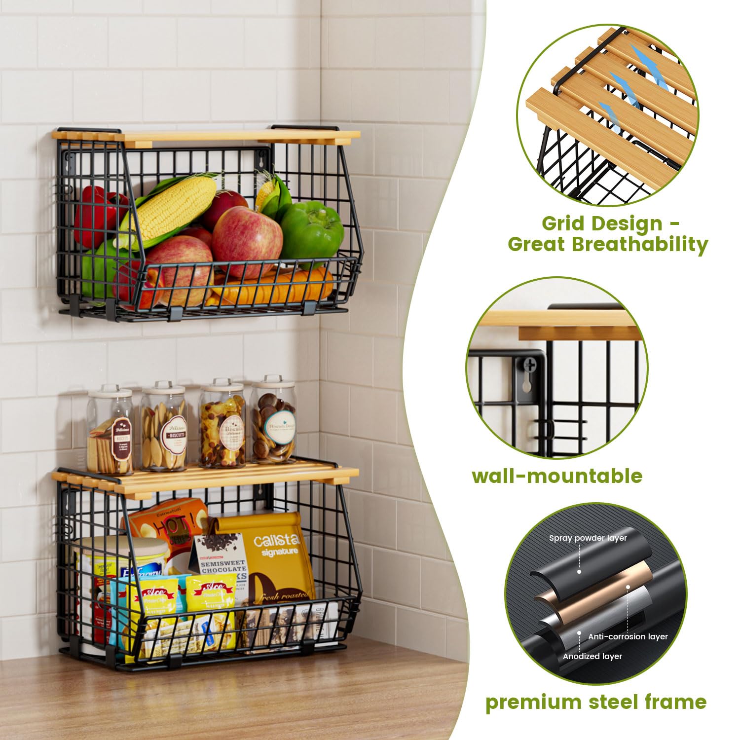 GGIU wood-lid wire basket adds durable kitchen storage