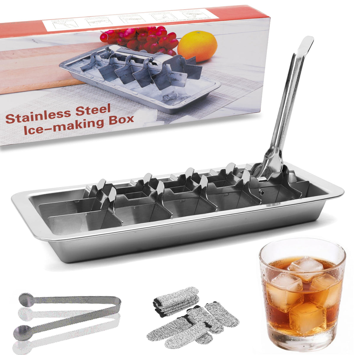 GHAHILI stainless steel ice cube tray with lever release for easy unmolding.
