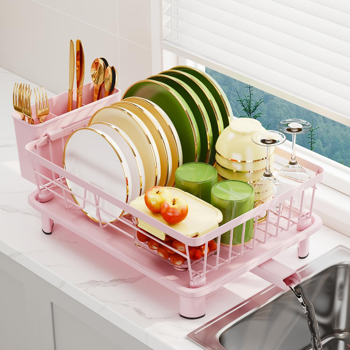 GHERISN dish drainer rack with drip tray keeps countertop dry and organized.