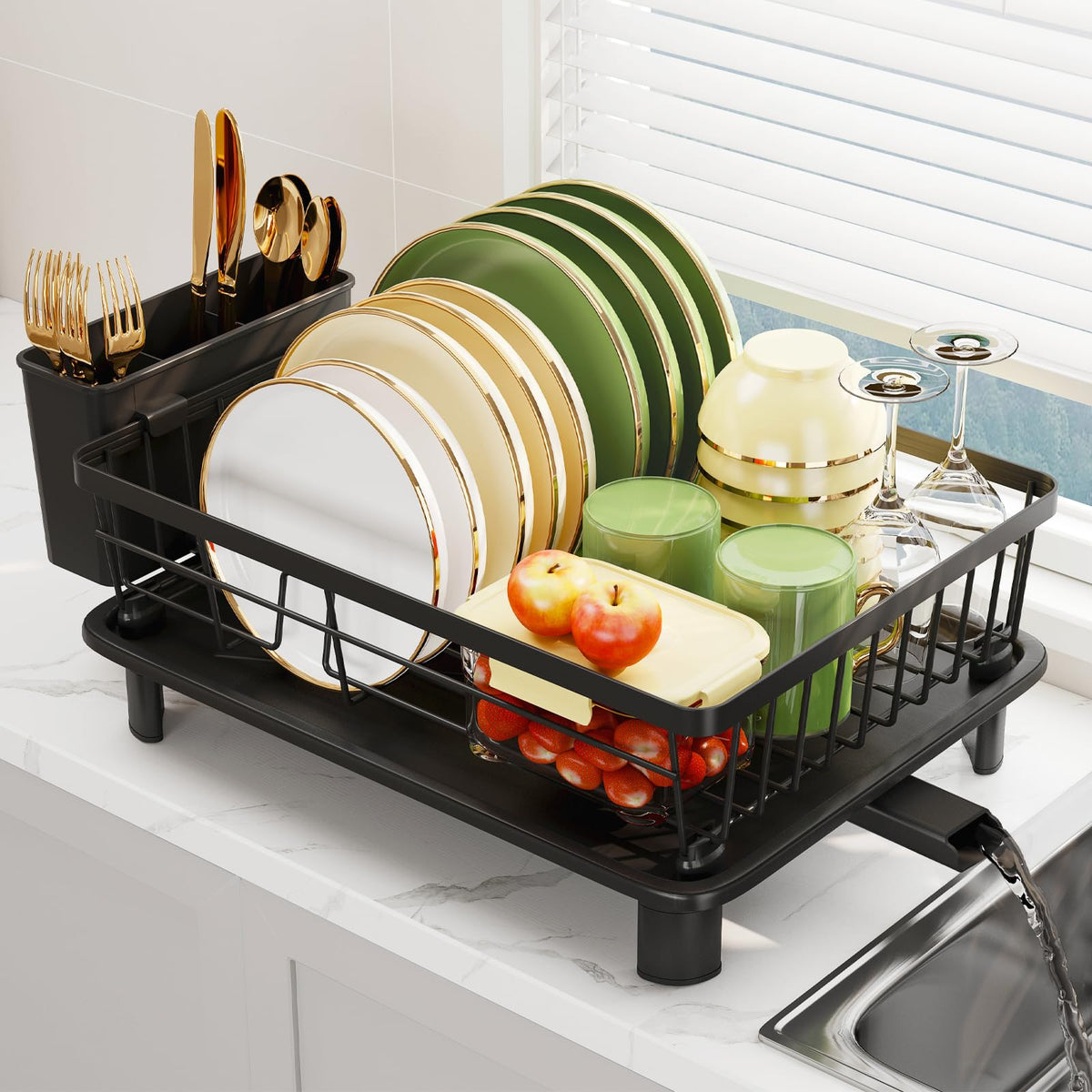 GHERISN dish drainer rack with drip tray directs water into the sink for a clean counter
