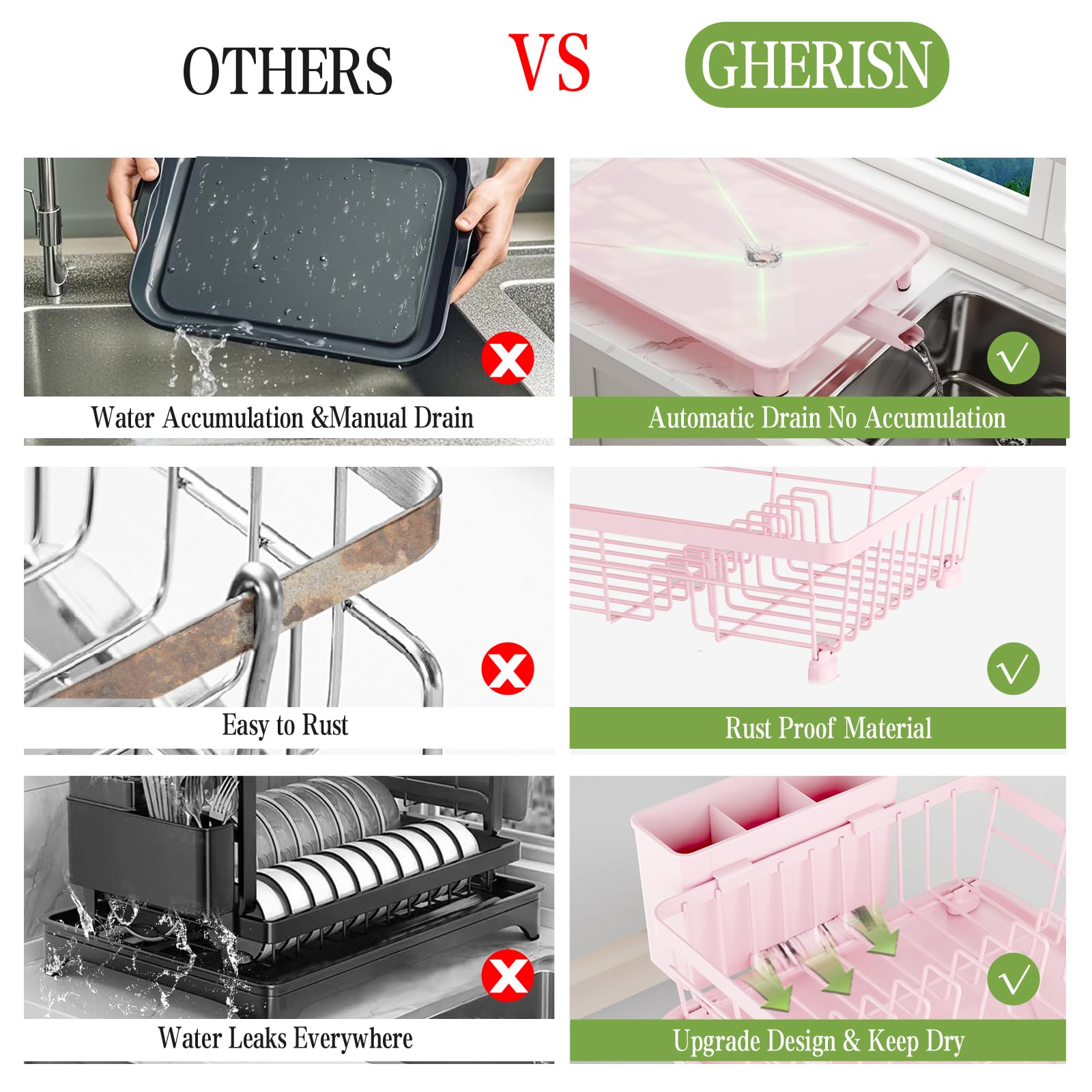 GHERISN large-capacity dish rack with plate and cup holders for ample storage.