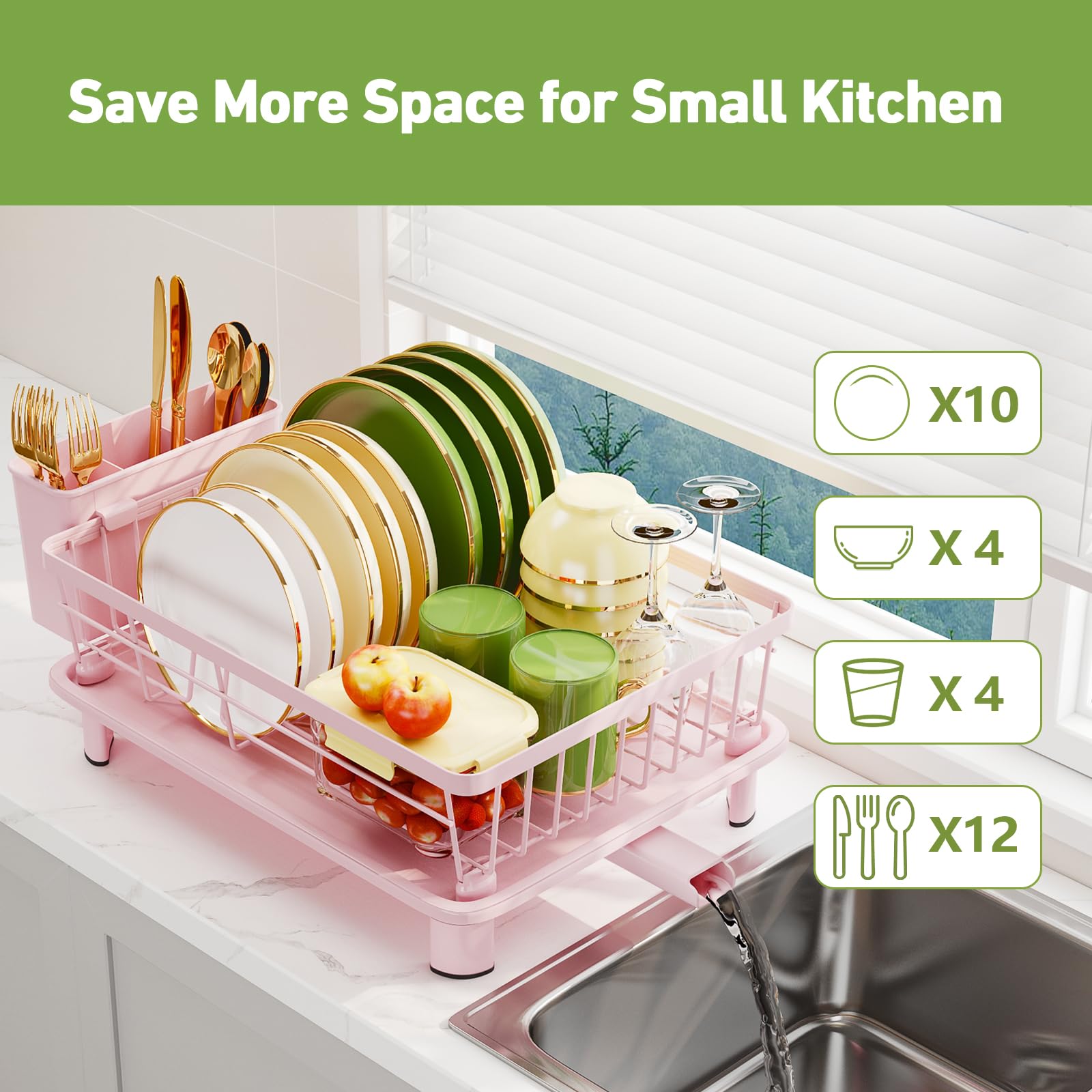 GHERISN compact dish drying rack saves counter space.