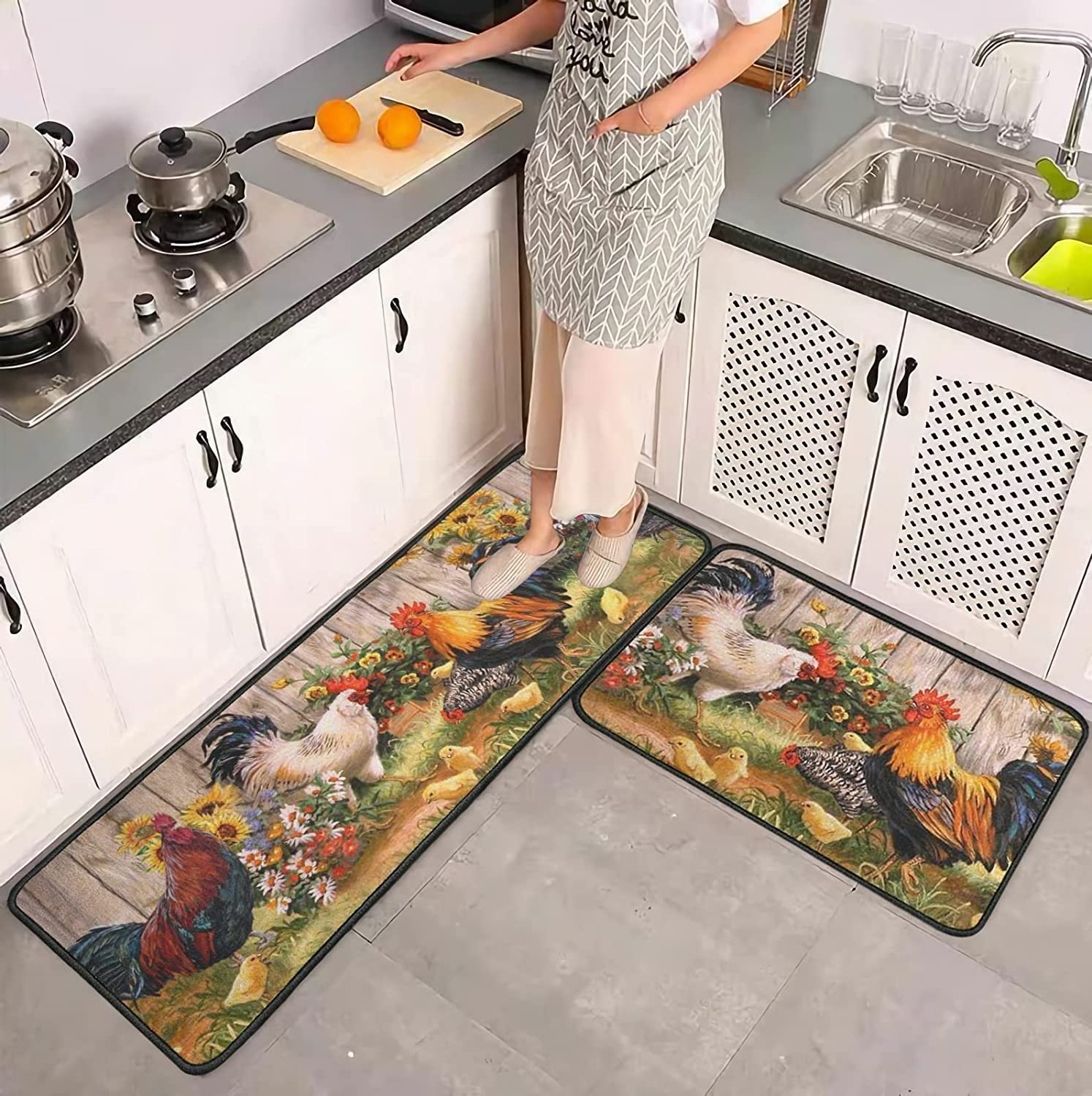 Ghroiep rooster kitchen rug set in 17x47 adds soft comfort underfoot.