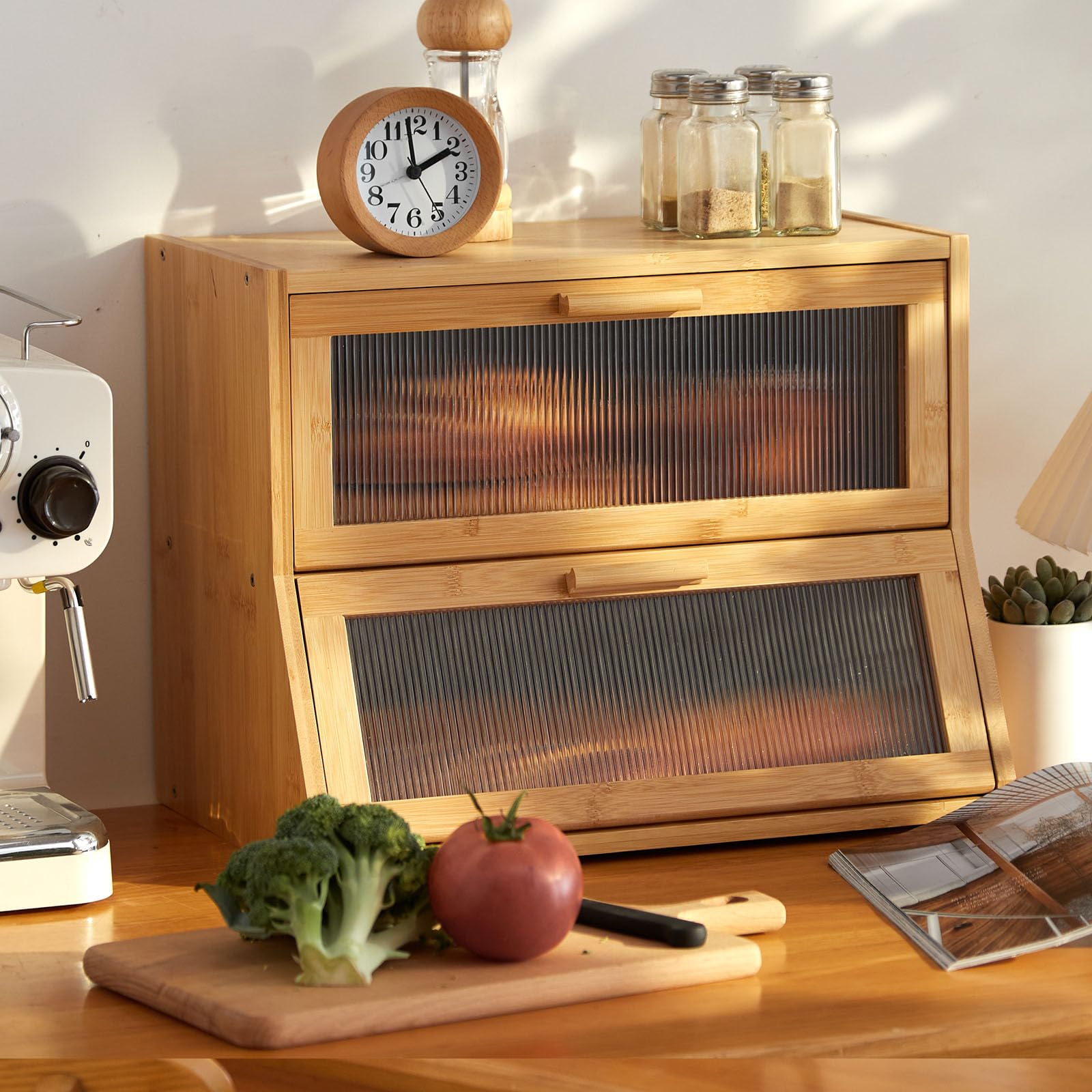 GHWIE bamboo bread box with acrylic wavy door panel offering spacious storage for bread.