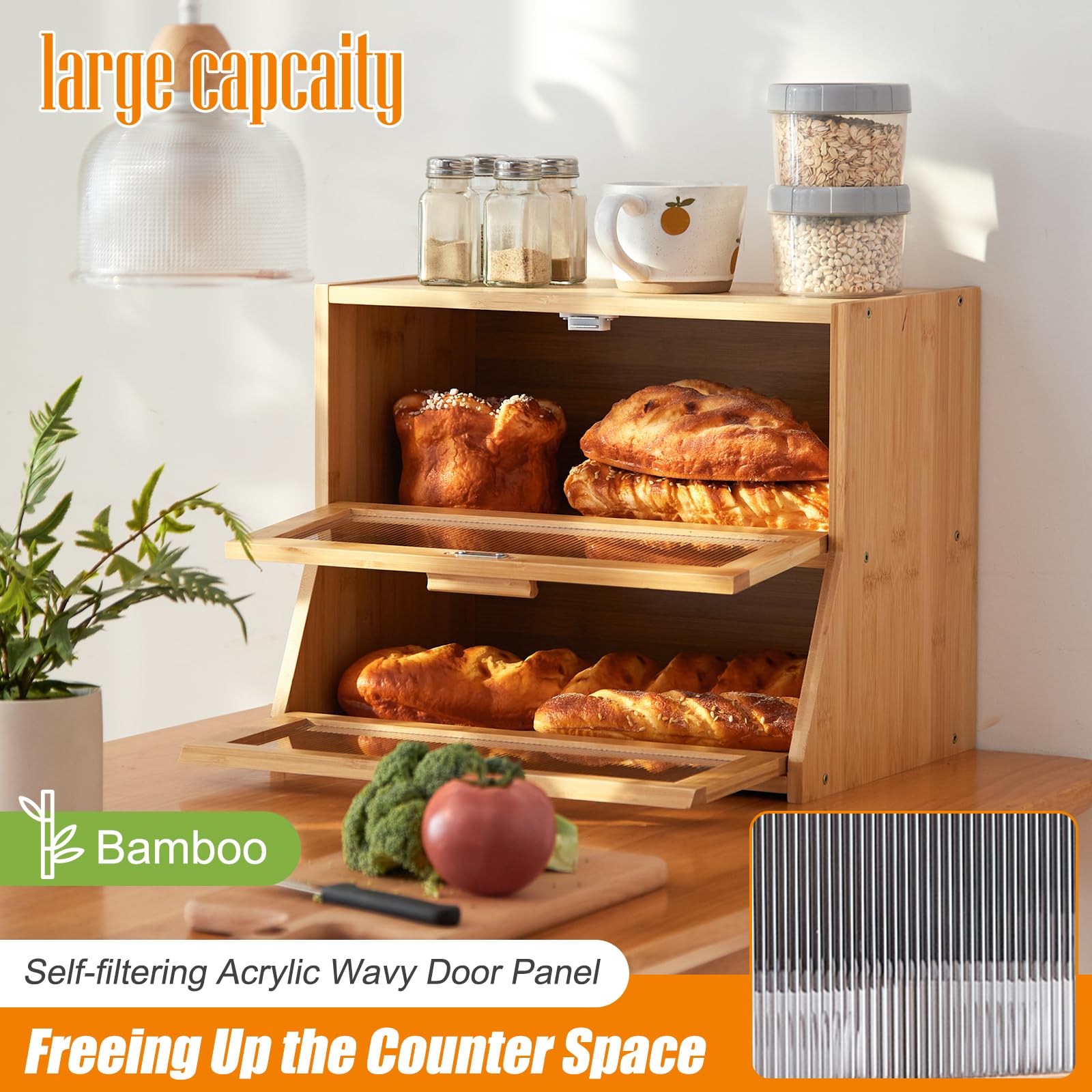 GHWIE double layer design bread box with lower slanted and upper straight doors.