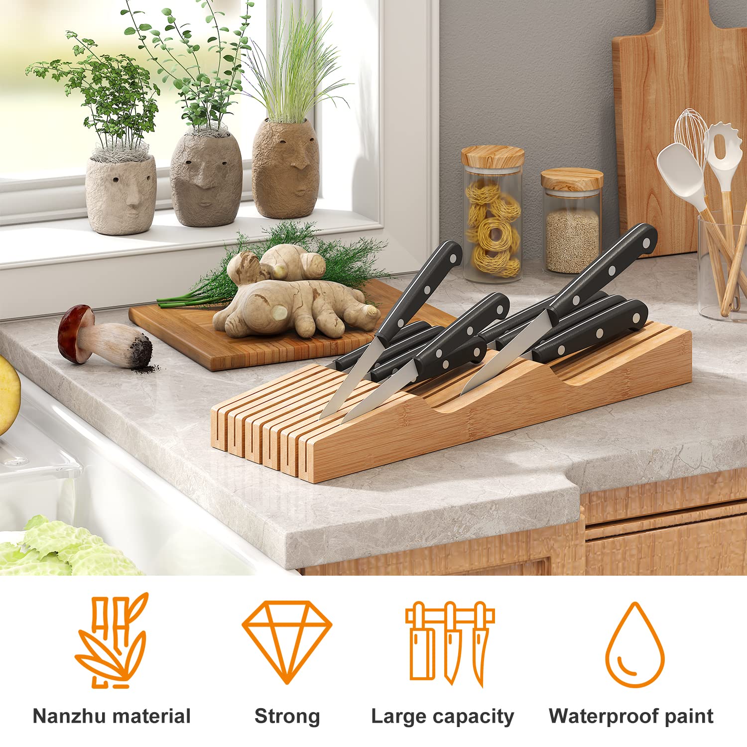 GHWIE bamboo wood kitchen organizer displaying eco-friendly design