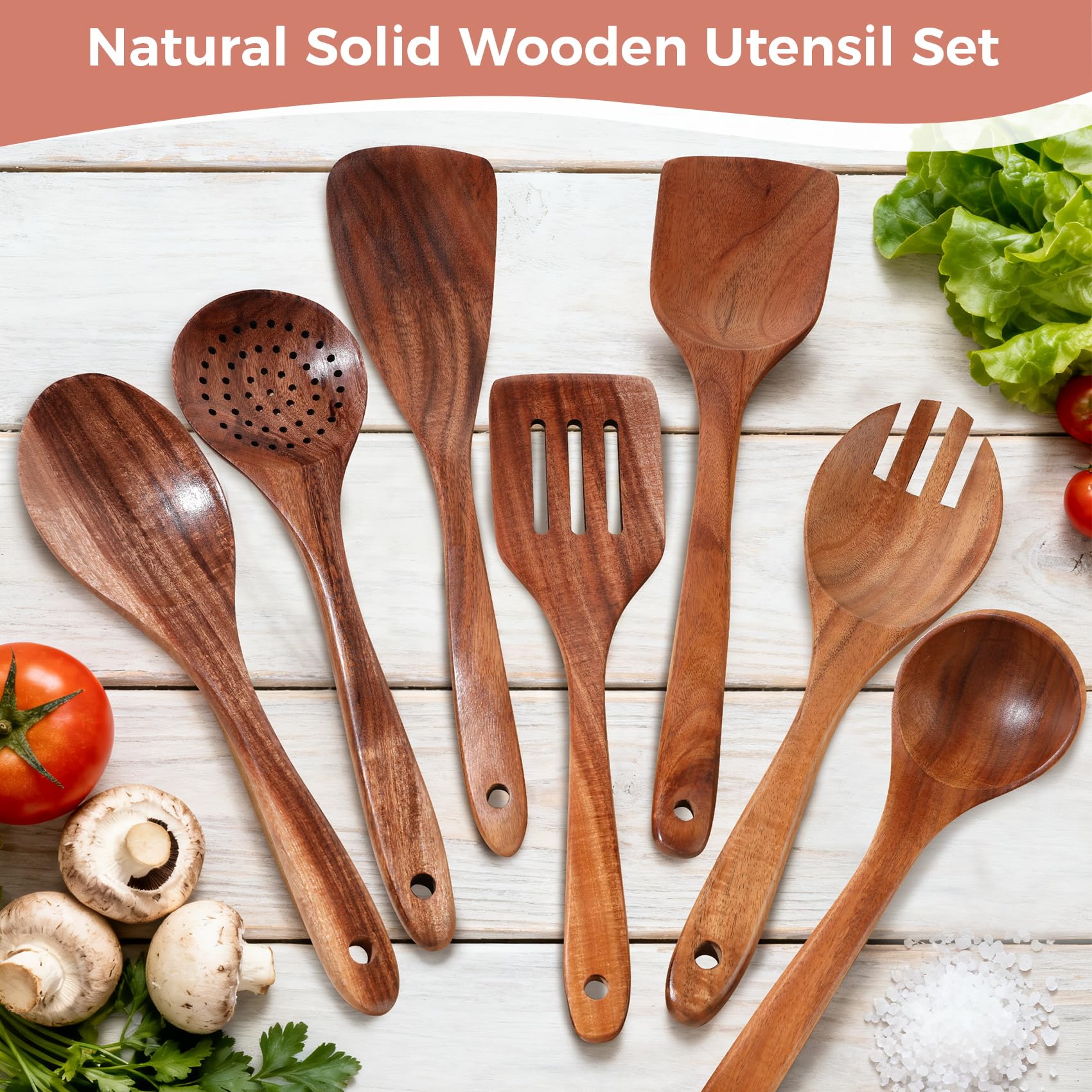 GianAbor 7-piece wooden utensil set for versatile daily cooking.