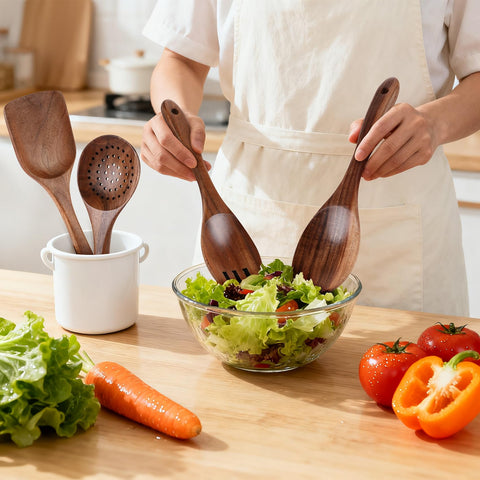 GianAbor teak wood spatula for flipping and sautéing without scratches.