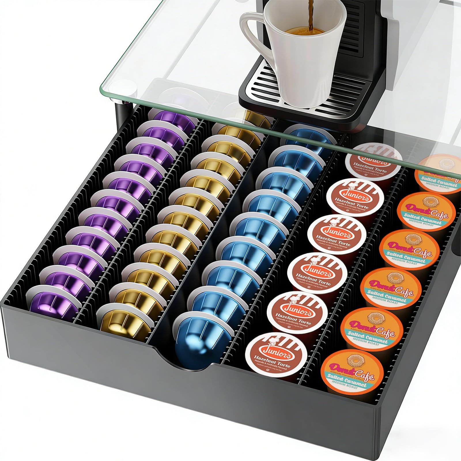 Gianotter crystal tempered glass Vertuo pod drawer from the front for easy access and organization