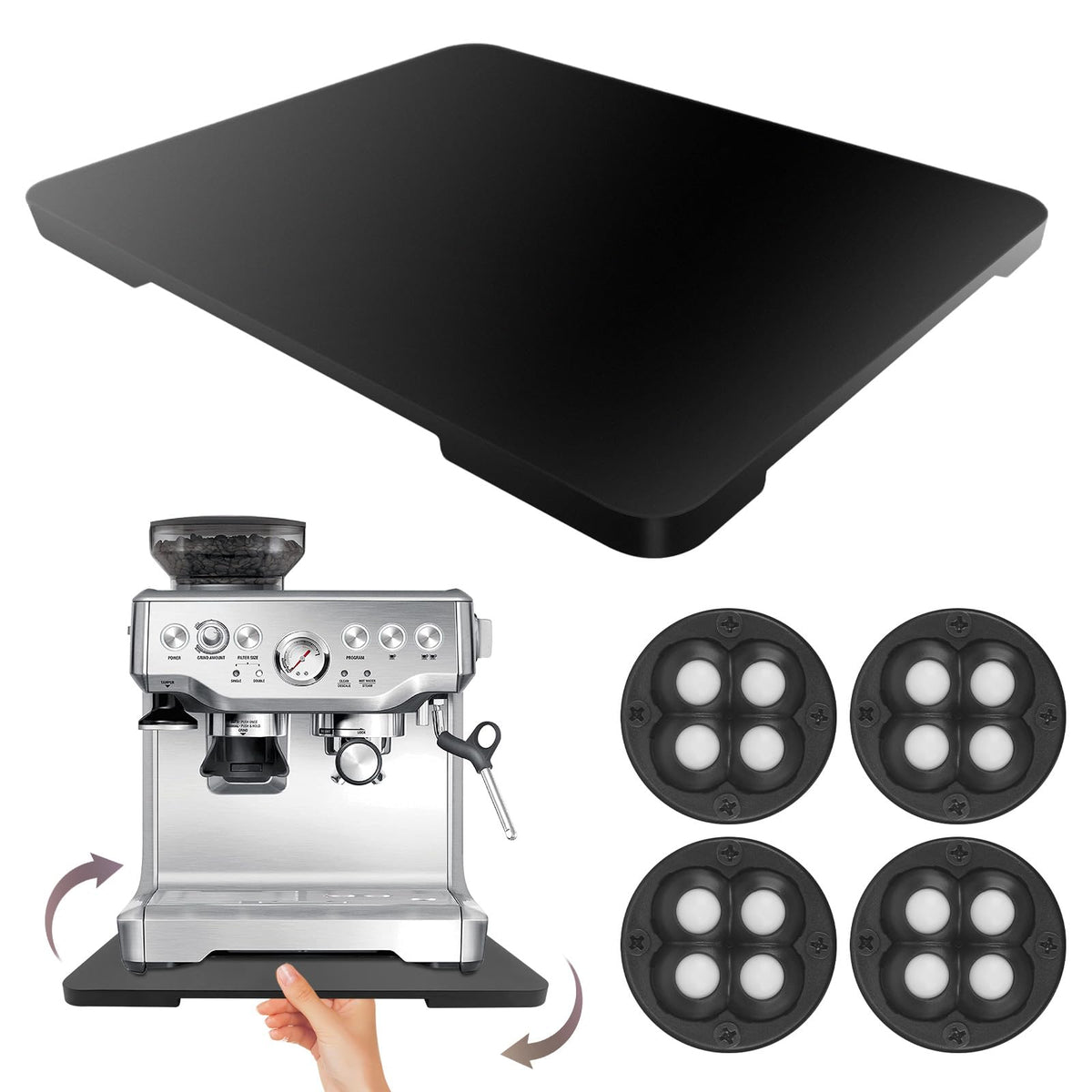 GIASSVIO 360° bamboo appliance slider under cabinet supporting a Breville espresso machine for easy access