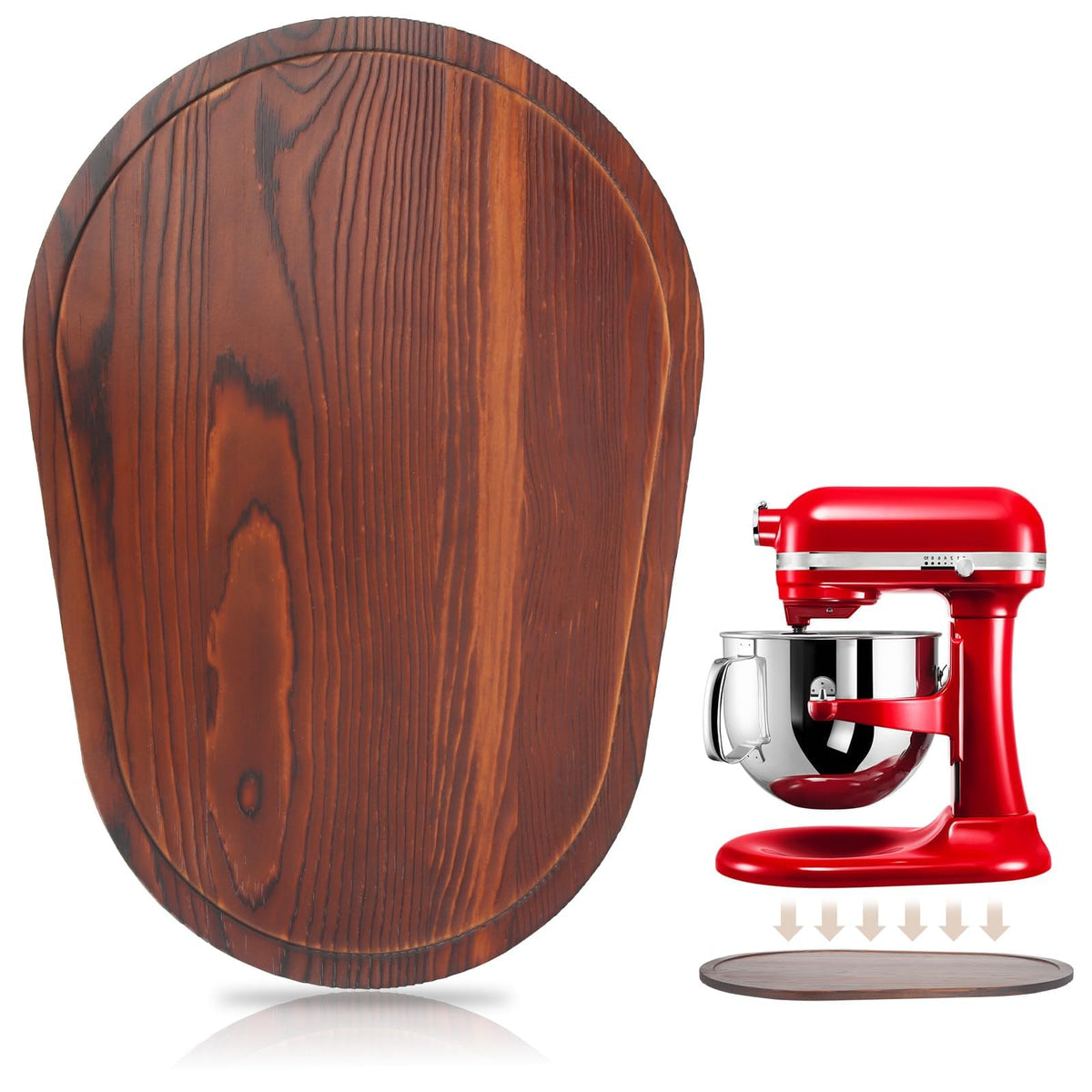 GIASSVIO pinewood mixer slider in use, easing access to KitchenAid.