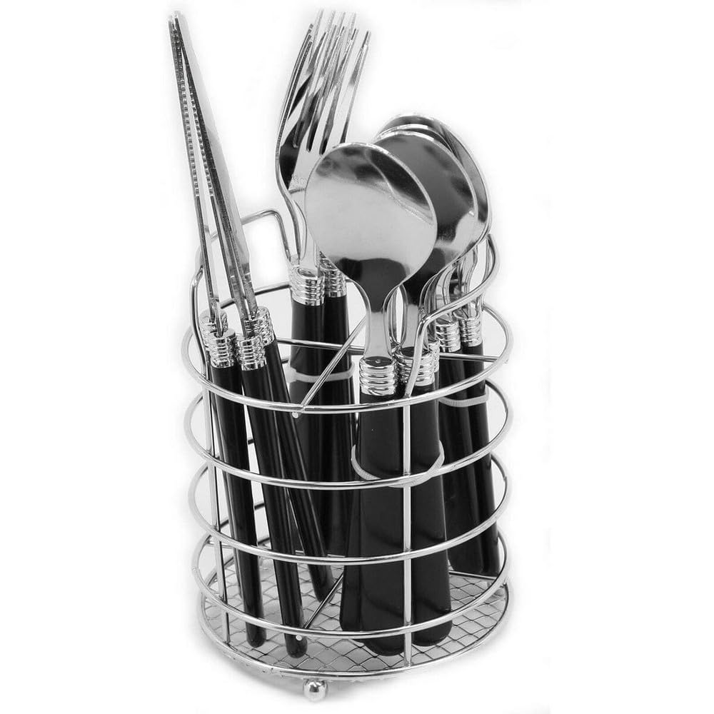 Gibson Home Sensations flatware displayed in a wire caddy on the counter for easy access.