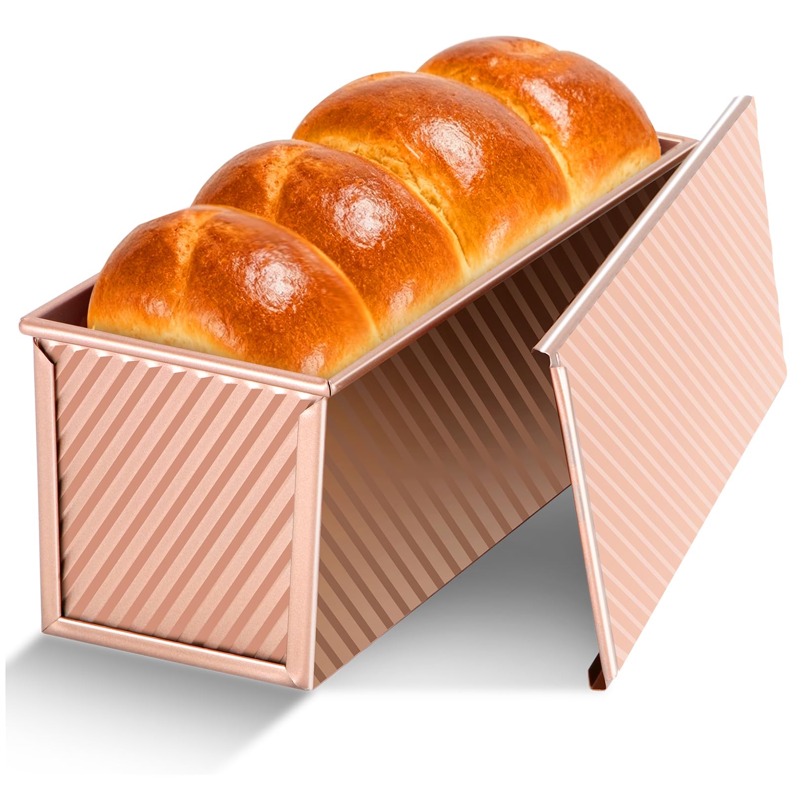 Gicyiit Pullman loaf pan with lid, lid-on top view showing uniform square slices.