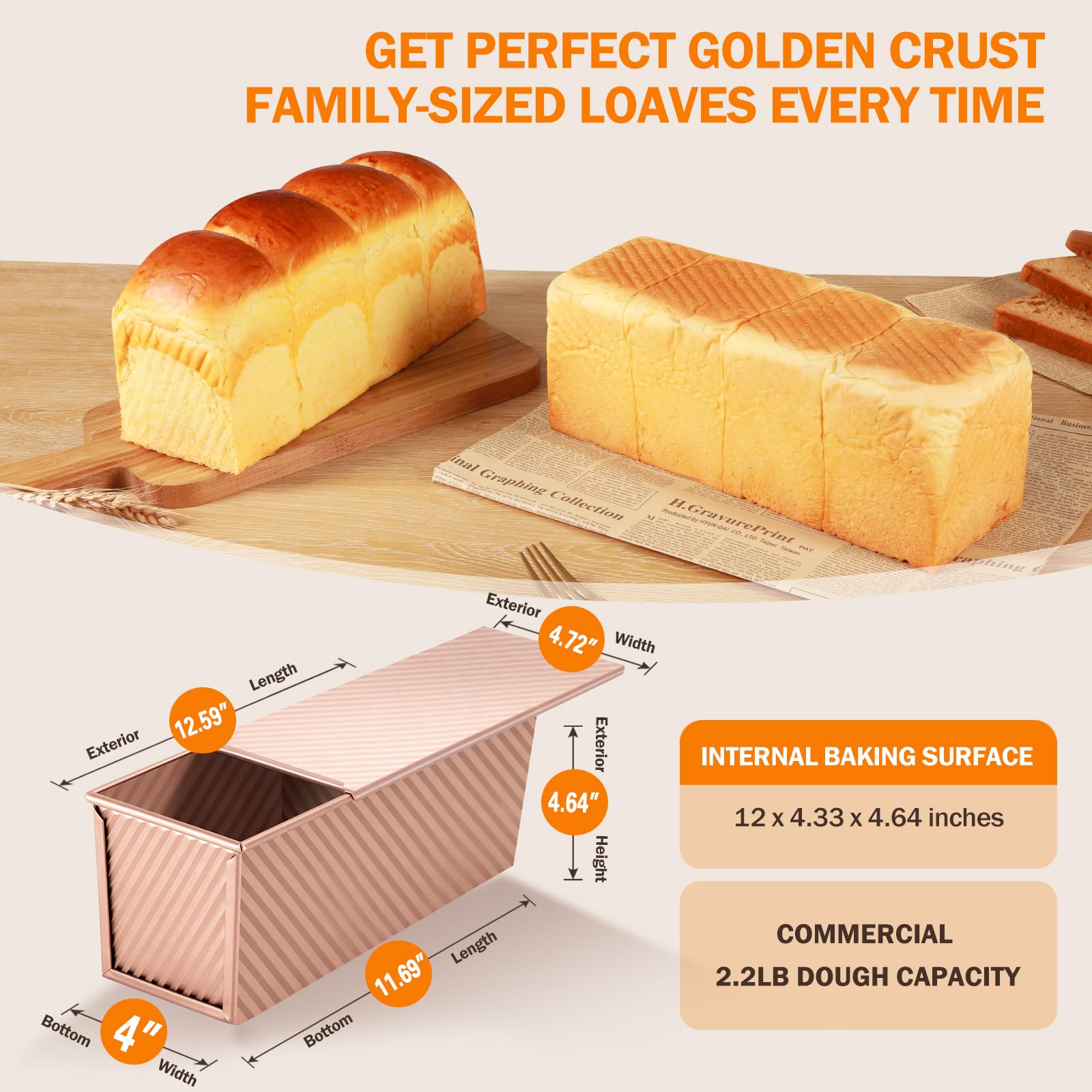 Gicyiit Pullman loaf pan with lid, side view highlighting the lid design for even rise.