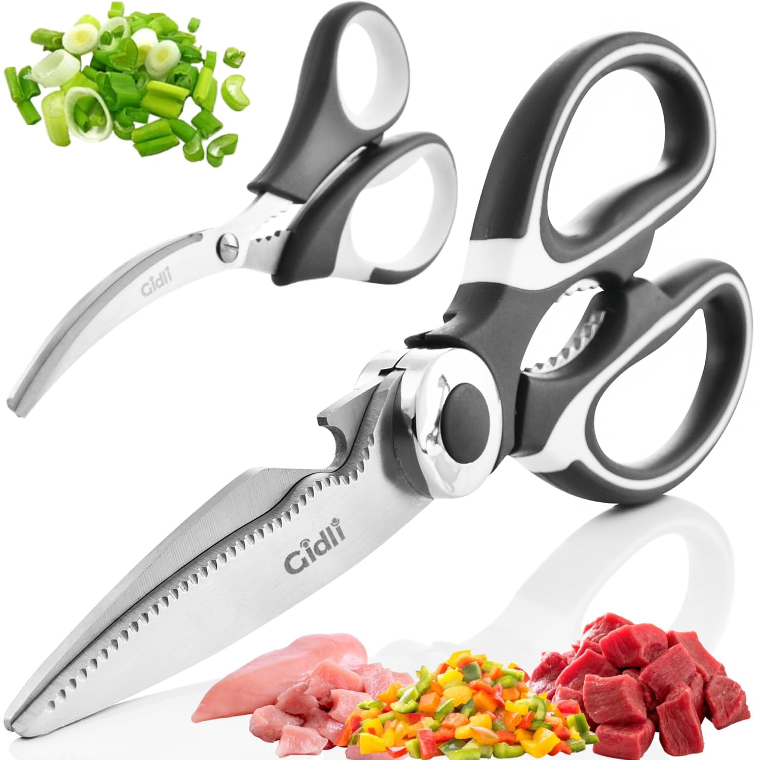 Gidli kitchen shears with all-purpose blades for versatile meal prep.