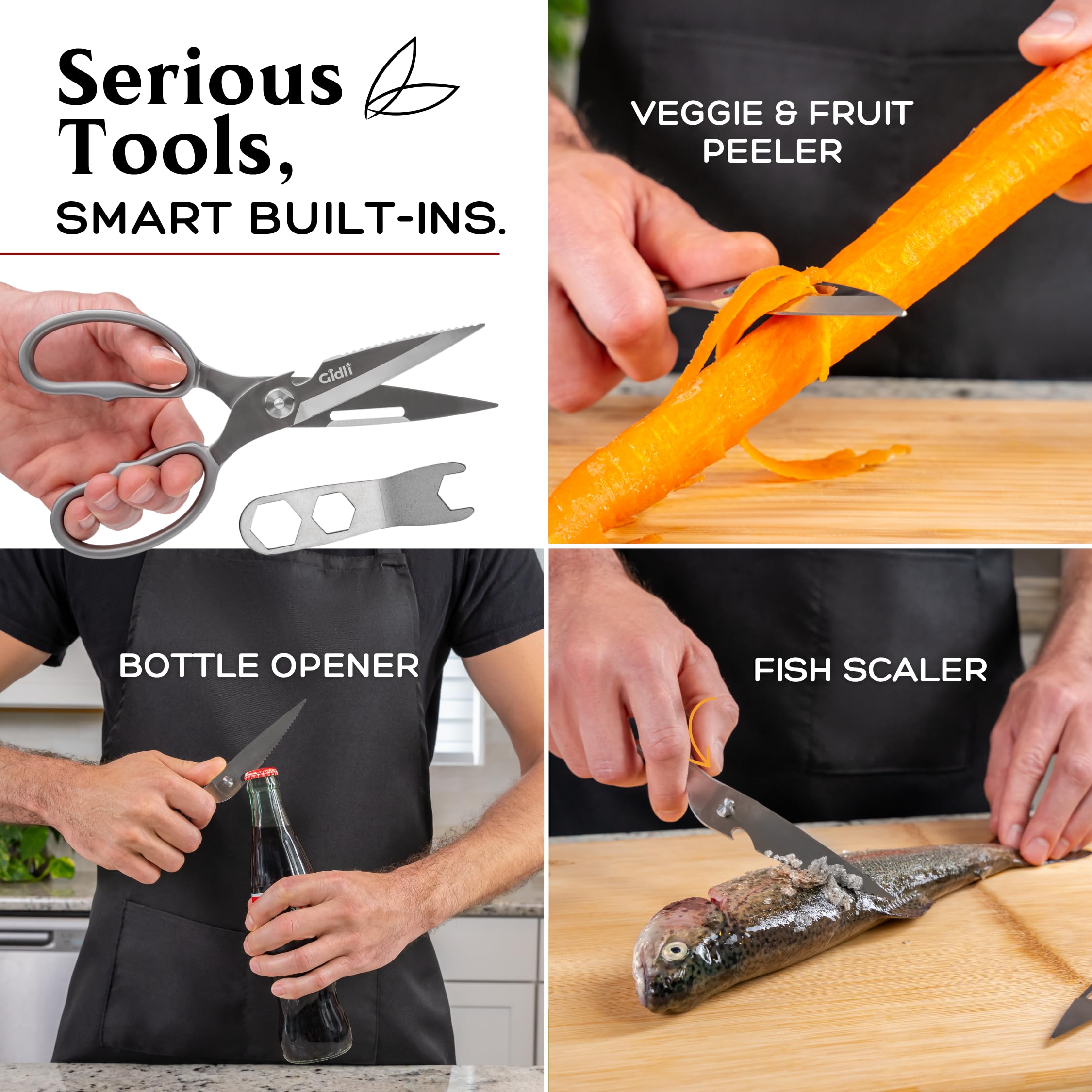 Gidli Premium Kitchen Scissors integrated peeler for prep tasks.