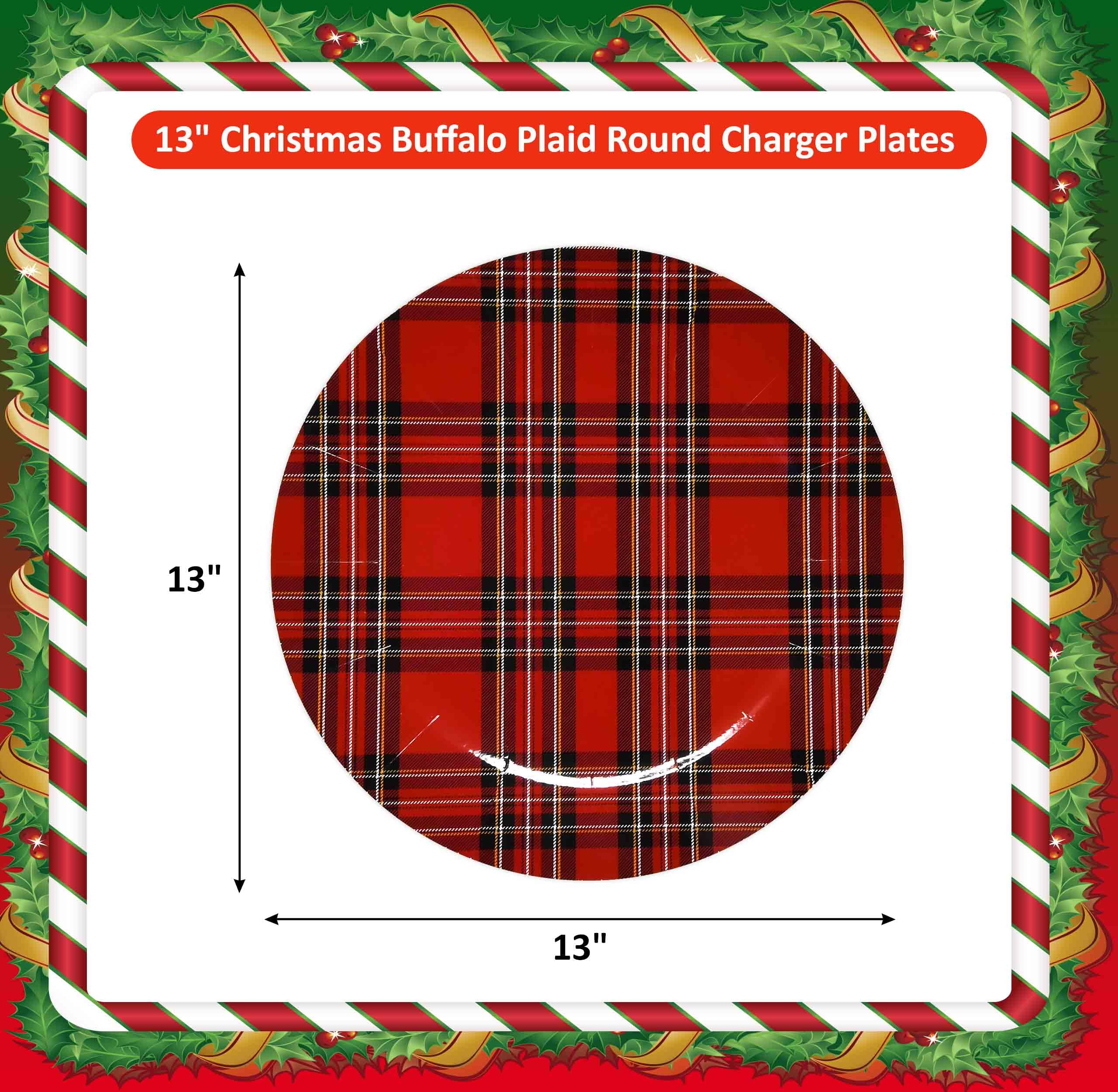 Gift Boutique buffalo plaid charger 13in wide rim helps prevent spills under plates.