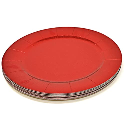 Gift Boutique red round charger rim detail showcases wide border to help protect surfaces.