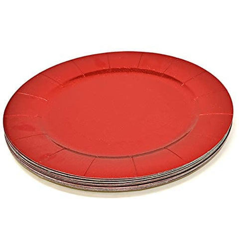 Gift Boutique red round charger rim detail showcases wide border to help protect surfaces.