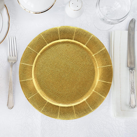 Gift Boutique gold pebbled charger complements any color scheme for weddings.