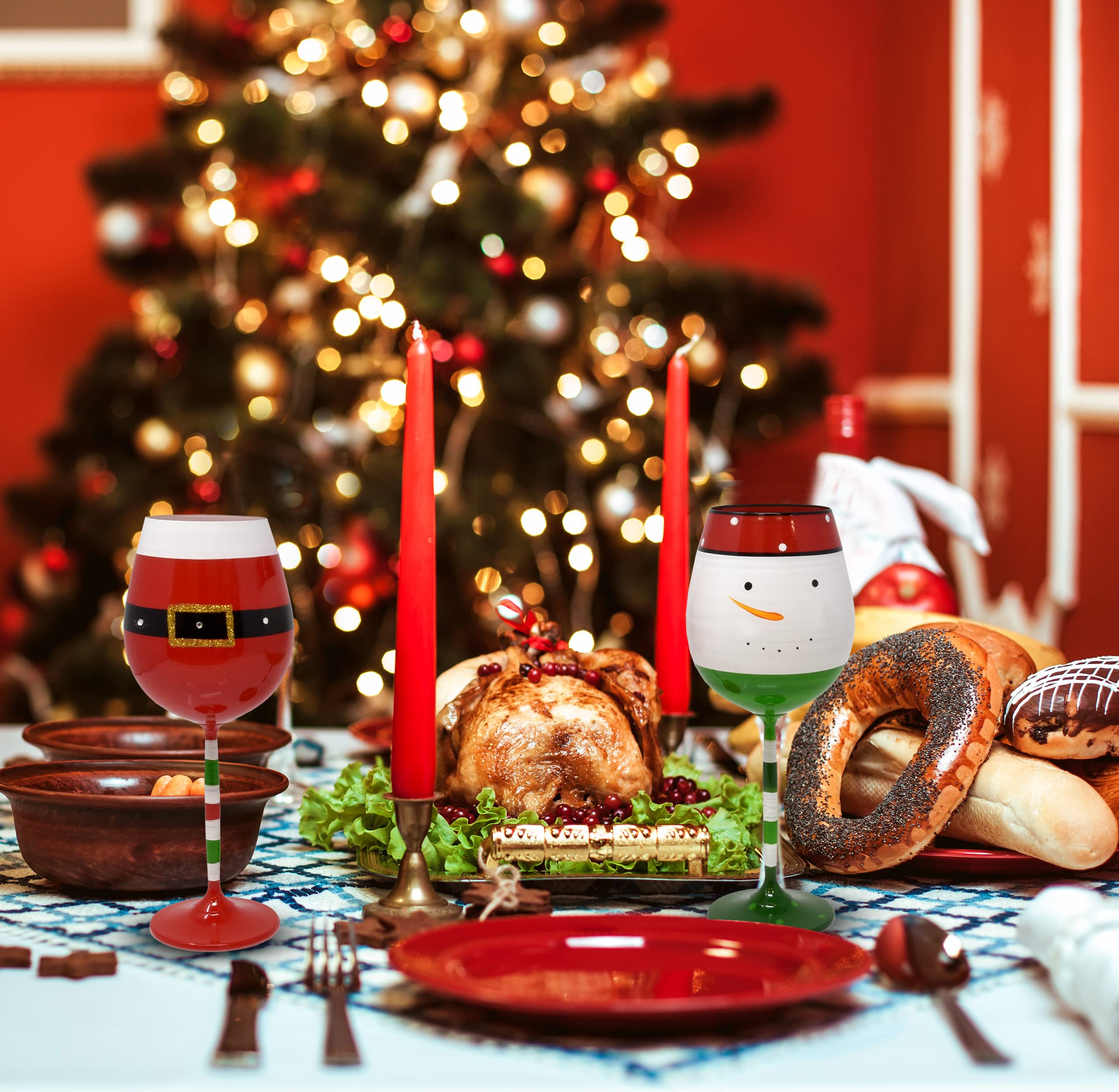 Gift Boutique stemmed wine glasses with holiday colors for elegant table settings.