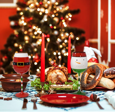 Gift Boutique stemmed wine glasses with holiday colors for elegant table settings.