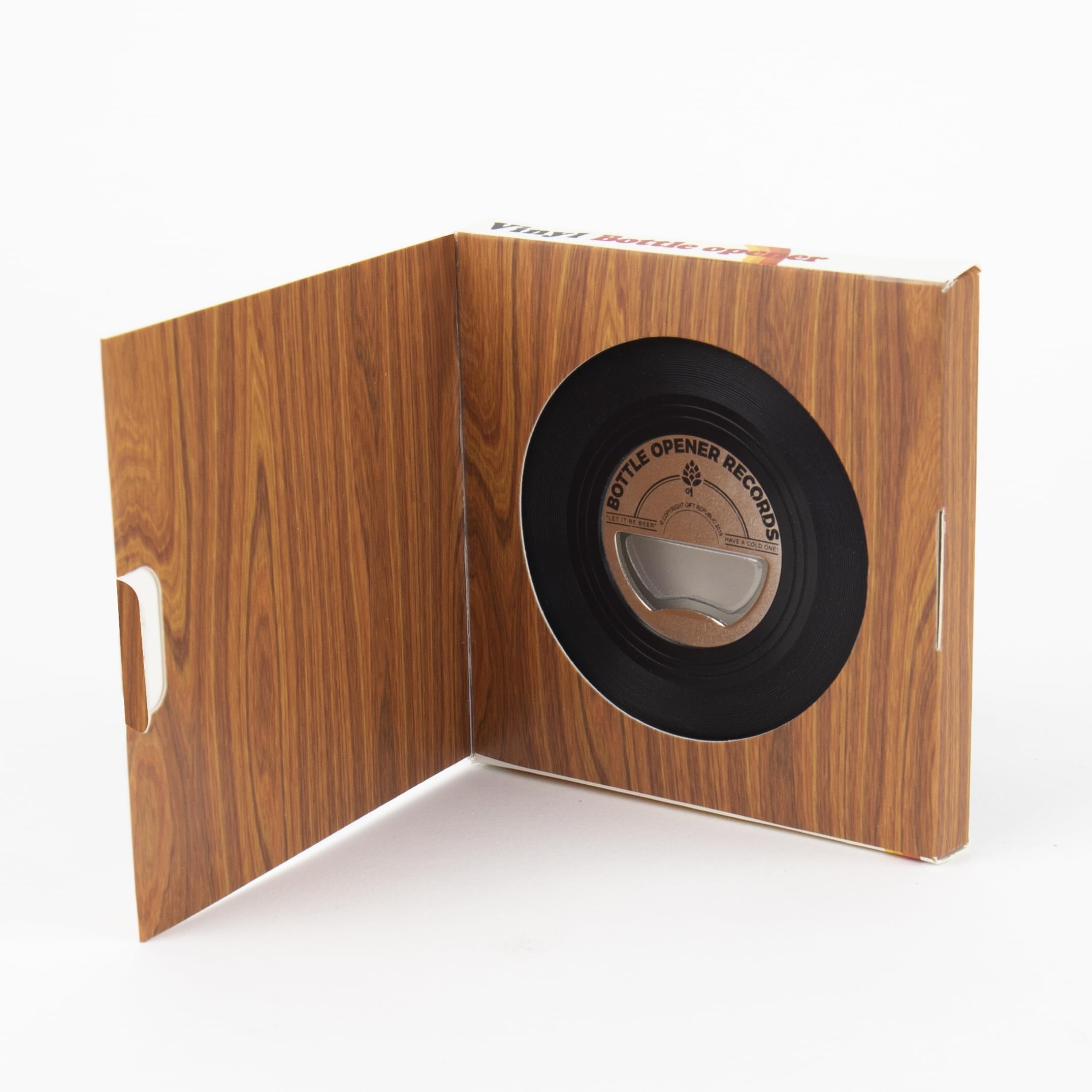 Gift Republic vinyl record-shaped bottle opener close-up highlights stainless steel opener