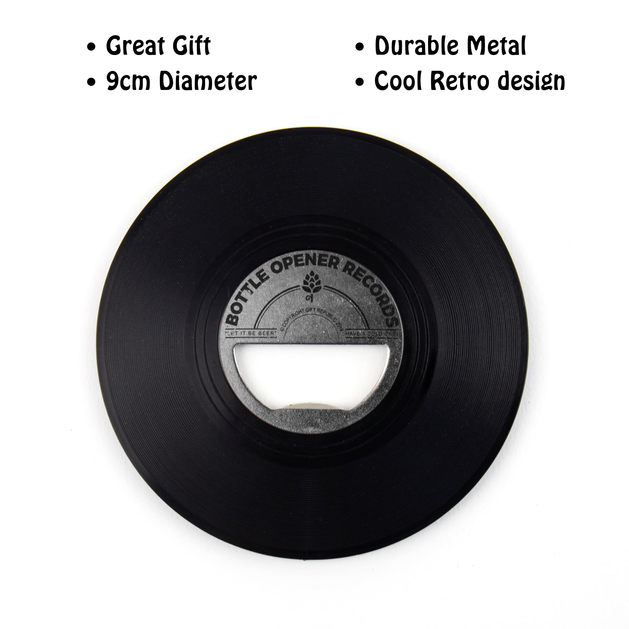 Gift Republic vinyl record-shaped bottle opener gift packaging suggests ready-to-gift appeal