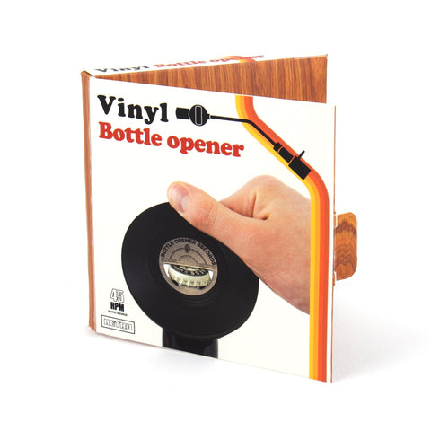 Gift Republic vinyl record-shaped bottle opener side profile emphasizes compact 9 cm diameter
