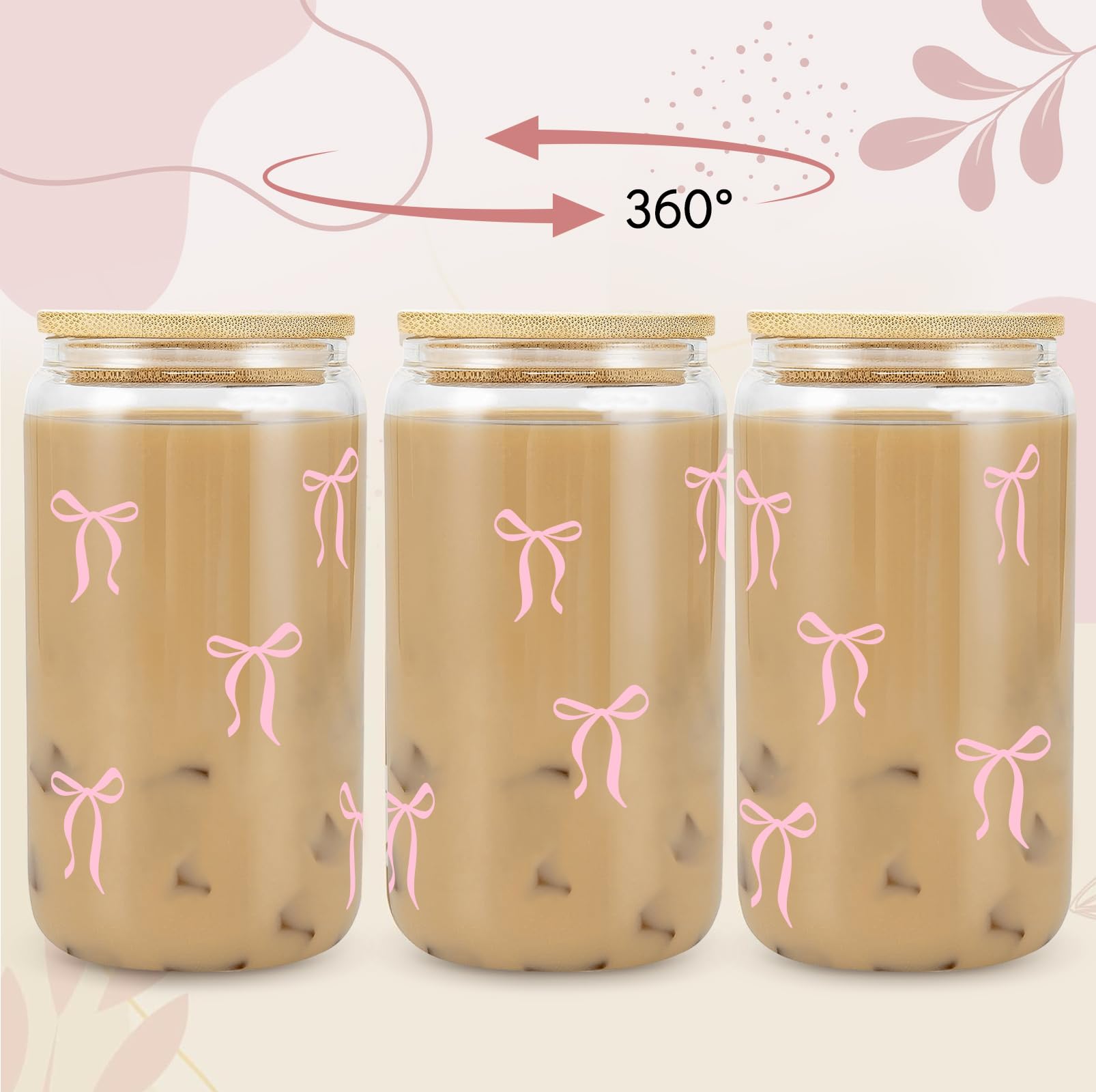 GiftPeak 16 oz bow glass cup with lid showcases pink bow design.