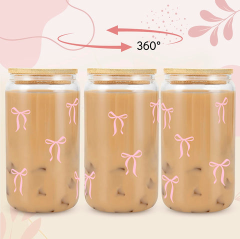 GiftPeak 16 oz bow glass cup with lid showcases pink bow design.