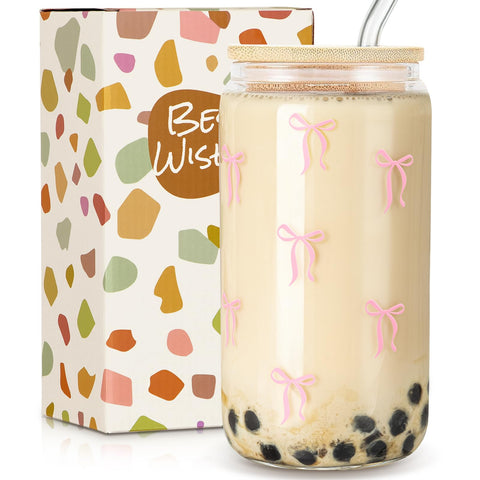 GiftPeak cute glass cup with lids and straws provides spill-resistant drinking.
